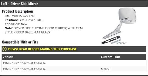 Left Driver Side Door Mirror - Chrome - Flat Glass - OEM Style Ribbed Base - Compatible with 1969-1972 Chevy Chevelle in Saudi Arabia