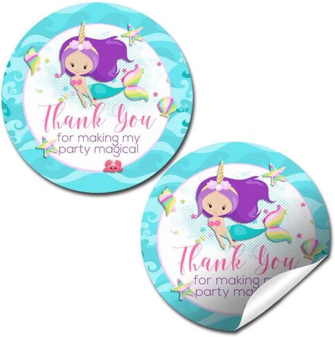 Mermaid Thank You Birthday Party Sticker Labels, 40 2" Party Circle Stickers by AmandaCreation, Great for Party Favors, Envelope Seals & Goodie Bags, Mermaid with Light Complexion in Saudi Arabia