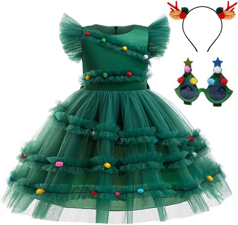Kids Christmas Tree Dress Costume for Girls Xmas Outfit with headband Glasses in Saudi Arabia