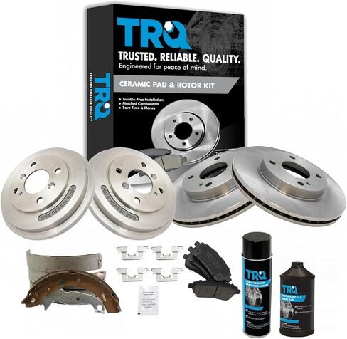 TRQ Front & Rear Disc Brake Rotor & Ceramic Brake Pad Shoe and Drum Kit with Brake Fluid & Cleaner Kit Set Compatible with 2011-2016 Ford Fiesta in Saudi Arabia