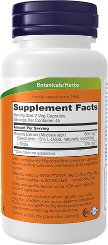 NOW Supplements, DOPA Mucuna، مستخلص Mucuna القياسي مع 15% L-Dopa الموجود بشكل طبيعي، 180 كبسولة نباتية in Saudi Arabia
