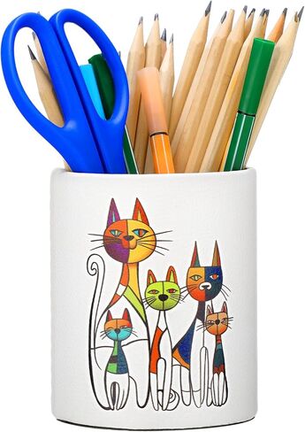 Tenceur Abstract Cat Leather Pen Holder Colorful Round Whimsical Pen Pencil Stand Makeup Brush Holder Desk Organizer Accessories for Women Cat Lovers(Classic) in Saudi Arabia
