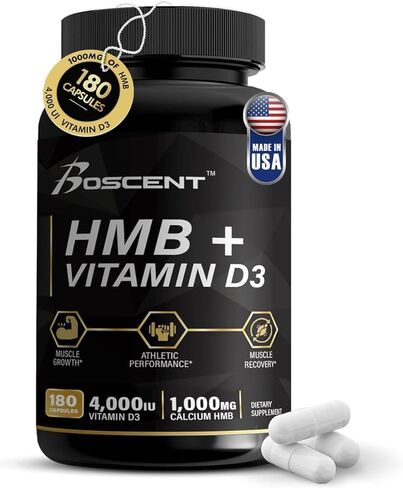 مكمل BOSCENT HMB وفيتامين D3 - 1000 ملغ من HMB مع 4000 وحدة دولية من D3 والكالسيوم - نمو العضلات وقوتها واستعادتها. مكملات بي-هيدروكسي بي-ميثيلبوتيرات - 180 كبسولة (3 أشهر) in Saudi Arabia
