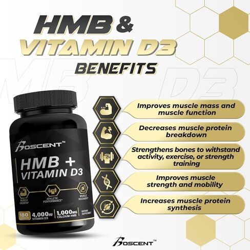 مكمل BOSCENT HMB وفيتامين D3 - 1000 ملغ من HMB مع 4000 وحدة دولية من D3 والكالسيوم - نمو العضلات وقوتها واستعادتها. مكملات بي-هيدروكسي بي-ميثيلبوتيرات - 180 كبسولة (3 أشهر) in Saudi Arabia