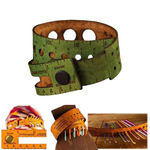 7-in-1 Leather Wrist Ruler & Measuring Tool, 18" Dual-Scale Tape Measure Cuff with Stitch Marker Storage, Knitting & Crochet Gauge Tool, Multifunctional Gift for Crafters and Sewers (Green) in Kuwait