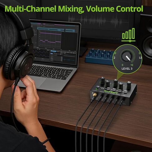 LiNKFOR 6 Channel Audio Mixer, Ultra-compact 6 Channel Bass Noise Line Stereo Audio Mixer for Small Clubs or Bars Microphones, Guitars, Bass, Keyboards and Stage Mixer in Kuwait