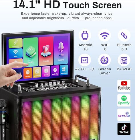 Karaoke Machine for Adults with Lyrics Display Screen, 14" Touchtablet PA Speaker System WiFi, HDMI Karaoke Speaker with 2 Wireless UHF Microphones, with DJ Light for Home TV Outdoor Party in Saudi Arabia