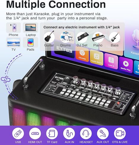 Karaoke Machine for Adults with Lyrics Display Screen, 14" Touchtablet PA Speaker System WiFi, HDMI Karaoke Speaker with 2 Wireless UHF Microphones, with DJ Light for Home TV Outdoor Party in Saudi Arabia