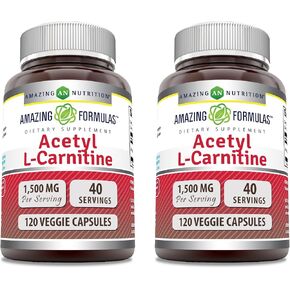 Amazing Formulas Acetyl L-Carnitine Hcl Supplement | 500 Mg Per Serving | 120 Veggie Capsules Supplement | Non-GMO | Gluten Free | Made in USA in Kuwait