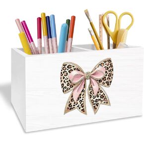 Leopard Coquette Bow Pen Holder for Desk, Pink and Cheetah Print Pencil Organizer, Preppy Trendy Leopard Bow Wooden Box Sign Desk Decor for Girls Bedroom Home Decoration in Saudi Arabia