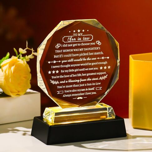 Movdyka Son in Law Gifts from Mother Father in Law, Best Birthday Gifts for Son in Law, Crystal Plaque Keepsake, Mother's Day Father's Day Anniversary to My Favorite Son in Law in Saudi Arabia