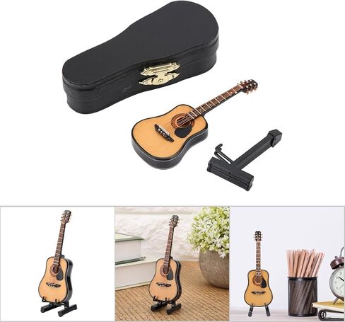 Wooden Miniature Guitar with Stand and Case,Mini Guitar Collectible Figurines Dollhouse Decor Accessories, Lovely Musical Instrument Display Model (3.9"x1.5"x0.5") in Saudi Arabia