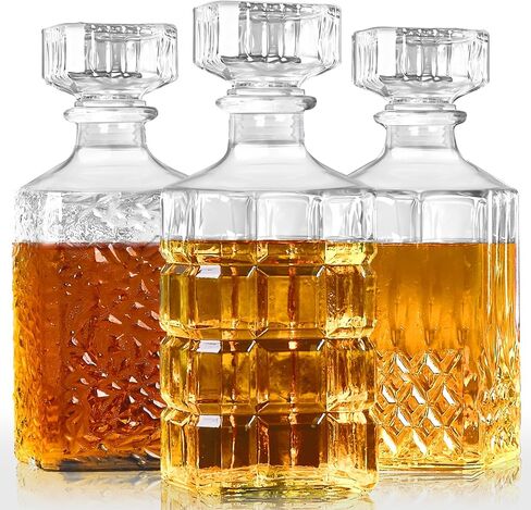 Liquor Decanters Whiskey Decanter Set of 3 Glass Alcohol Bottle for Tequila, Brandy and Vodka Unique Liquor Bar and Party Decorations (28oz*2, 31oz*1) in Saudi Arabia