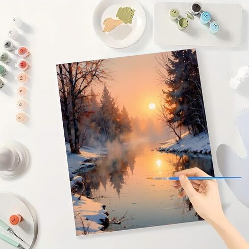 Nature Scene Paint by Numbers Kit for Adults - DIY Misty Winter River at Dawn Painting on Canvas, Acrylic Paint Set, Suitable for Beginners, Art for Home Decoration or Gifts(16X20IN Framed) in Saudi Arabia