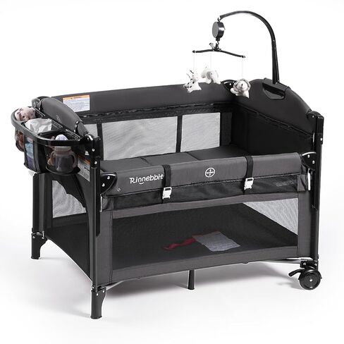 سرير أطفال بجانب السرير، سرير محمول 4 في 1 مع مرتبة سميكة، مبدل حفاضات، سلة تخزين، صندوق موسيقى، حقيبة حمل، سرير لعب قابل للطي لحديثي الولادة (رمادي فاتح) in Kuwait