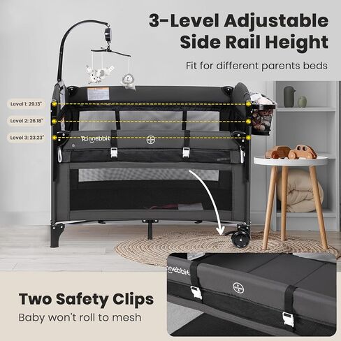 سرير أطفال بجانب السرير، سرير محمول 4 في 1 مع مرتبة سميكة، مبدل حفاضات، سلة تخزين، صندوق موسيقى، حقيبة حمل، سرير لعب قابل للطي لحديثي الولادة (رمادي فاتح) in Kuwait