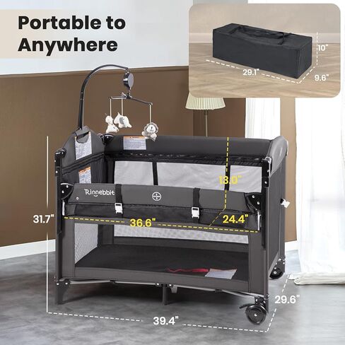 سرير أطفال بجانب السرير، سرير محمول 4 في 1 مع مرتبة سميكة، مبدل حفاضات، سلة تخزين، صندوق موسيقى، حقيبة حمل، سرير لعب قابل للطي لحديثي الولادة (رمادي فاتح) in Kuwait