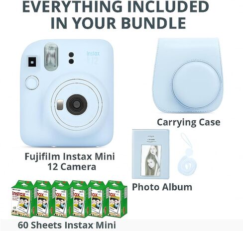 Fujifilm Instax Mini 12 Camera with Fujifilm Instant Mini Film (60 Sheets) Bundle with Deals Number One Accessories Including Carrying Case, Photo Album, Stickers (Clay White) in Kuwait