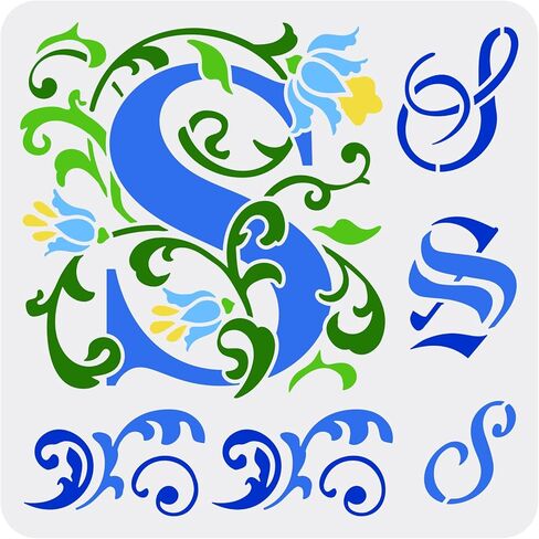 FINGERINSPIRE استنسل طلاء أولي S مقاس 11.8 × 11.8 بوصة قابل لإعادة الاستخدام على شكل حرف S قالب رسم DIY فن زهرة كرمة تصميم حرف S رسم استنسل على الخشب والجدار والأثاث in Saudi Arabia