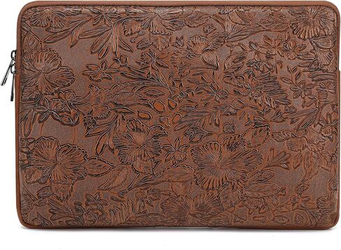 Canvaslove Embossing Floral Pattern PU Leather Laptop Sleeve Case with Pocket (Coffee PU, 15 inch-15.6 inch) in Saudi Arabia
