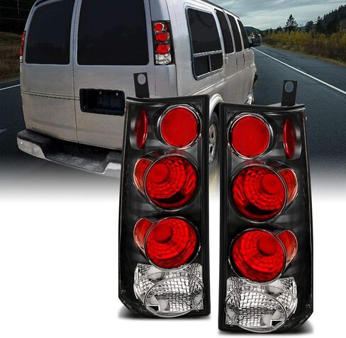 مجموعة المصابيح الخلفية الهالوجين AmeriLite مع مجموعة استبدال مصابيح الفرامل لسيارة 2003-2019 Chevy Express/GMC Savana Van Euro - جانب الركاب والسائق، مجموعة مصابيح السيارة، أسود in Saudi Arabia