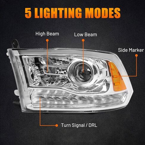 مجموعة المصابيح الأمامية مناسبة لنماذج أجهزة العرض Dodge Ram 1500 2500 3500 2013-2018 ونماذج الحزم الرباعية 2009-2018 استبدال المصابيح الأمامية الهالوجين مع LED DRL (مبيت الكروم) in Saudi Arabia