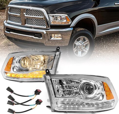 مجموعة المصابيح الأمامية مناسبة لنماذج أجهزة العرض Dodge Ram 1500 2500 3500 2013-2018 ونماذج الحزم الرباعية 2009-2018 استبدال المصابيح الأمامية الهالوجين مع LED DRL (مبيت الكروم) in Saudi Arabia