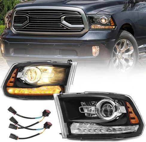 مجموعة المصابيح الأمامية مناسبة لنماذج أجهزة العرض Dodge Ram 1500 2500 3500 2013-2018 ونماذج الحزم الرباعية 2009-2018 استبدال المصابيح الأمامية الهالوجين مع LED DRL (مبيت الكروم) in Saudi Arabia