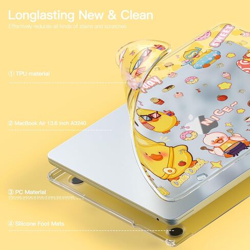 حافظة Batianda Premium Clear TPU لجهاز MacBook Air الجديد 13.6 بوصة M4/M3/M2 بنمط مرح، غطاء واقي خفيف الوزن للغاية ومضاد للأصفرار، مقاوم للخدش وغطاء لوحة مفاتيح من مادة TPU، بطة لطيفة in Kuwait