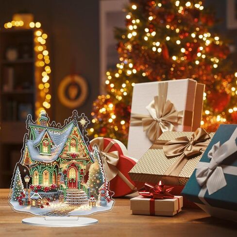 JJFox DIY 5D Tabletop Diamond Art Painting Kit， Desktop Ornament Special Shaped Rhinestone Desk Placement Ornament，Home Office Stand Up Gem Painting Craft Kit，Gift (Christmas House-2) in Saudi Arabia