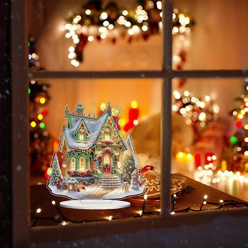 JJFox DIY 5D Tabletop Diamond Art Painting Kit， Desktop Ornament Special Shaped Rhinestone Desk Placement Ornament，Home Office Stand Up Gem Painting Craft Kit，Gift (Christmas House-2) in Saudi Arabia