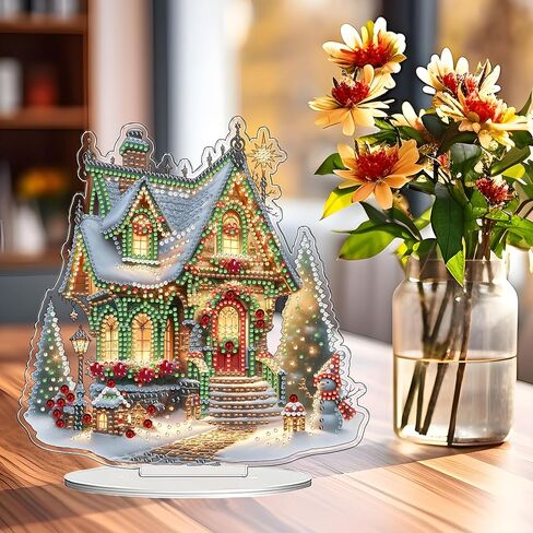 JJFox DIY 5D Tabletop Diamond Art Painting Kit， Desktop Ornament Special Shaped Rhinestone Desk Placement Ornament，Home Office Stand Up Gem Painting Craft Kit，Gift (Christmas House-2) in Saudi Arabia