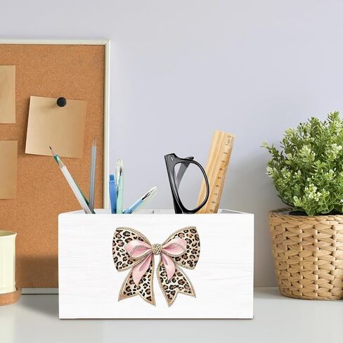 Leopard Coquette Bow Pen Holder for Desk, Pink and Cheetah Print Pencil Organizer, Preppy Trendy Leopard Bow Wooden Box Sign Desk Decor for Girls Bedroom Home Decoration in Saudi Arabia