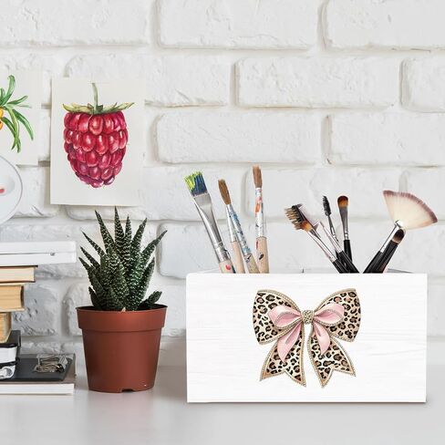 Leopard Coquette Bow Pen Holder for Desk, Pink and Cheetah Print Pencil Organizer, Preppy Trendy Leopard Bow Wooden Box Sign Desk Decor for Girls Bedroom Home Decoration in Saudi Arabia
