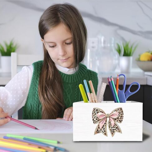 Leopard Coquette Bow Pen Holder for Desk, Pink and Cheetah Print Pencil Organizer, Preppy Trendy Leopard Bow Wooden Box Sign Desk Decor for Girls Bedroom Home Decoration in Saudi Arabia