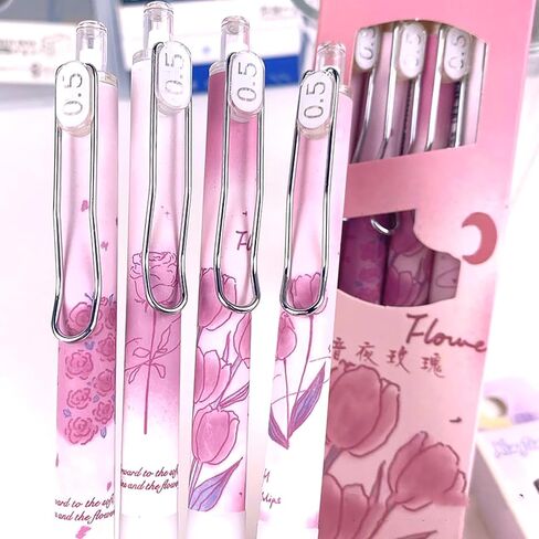 8PCS Cute Retractable Pens Rose Aesthetic Gel Pens Ink Writing Pens with 0.5 mm Smooth Fine Point Novelty Printing Pens Office School Supplies for Women Men (rose 8pcs) in Saudi Arabia