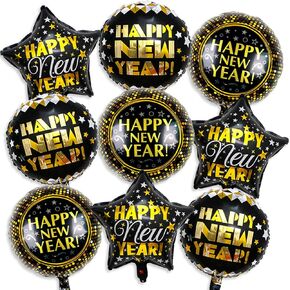 9 PCS Happy New Year Balloons Black Gold 18 Inch New Years Balloons for Happy New Year Decorations 2026 New Years Eve Party Supplies in Kuwait