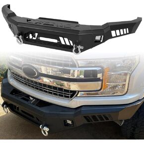 المصد الأمامي ECOTRIC متوافق مع 2018-2020 Ford F150 W/18W LED Lights، D-Rings، Squre Spotlights وWinch Plate Off Road Bumper Assembly بدون فتحات استشعار، أسود فولاذ 2 حزم in Kuwait