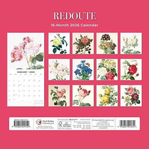 Red Robin 2026 Redoute Monthly Wall Calendar | 12" x 24" Open | Premium Thick & Sturdy Paper | Hangable 12 Month Calendar | Lined Notes & To Do Area | Vivid Images | Plastic Free in Saudi Arabia