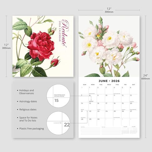Red Robin 2026 Redoute Monthly Wall Calendar | 12" x 24" Open | Premium Thick & Sturdy Paper | Hangable 12 Month Calendar | Lined Notes & To Do Area | Vivid Images | Plastic Free in Saudi Arabia