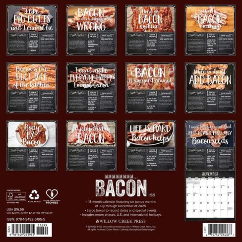 Willow Creek Press، تقويم حائط MMMMMMMM Bacon 2026، 12 بوصة × 12 بوصة، تقويم 18 شهرًا مع غلاف مثبت in Kuwait