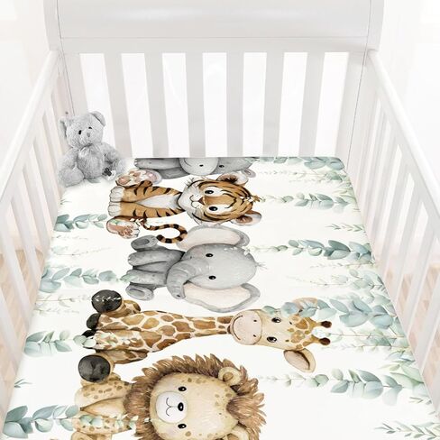 HawSkgFub Safari Jungle African Animals Eucalyptus Leaf Fitted Standard Baby Crib Sheet, Giraffe Lion Tiger Elephant Zebra Toddler Mattress Cover, Soft Stretchy Nursery Bed Sheets Kids Gift 52" x 28" in Saudi Arabia