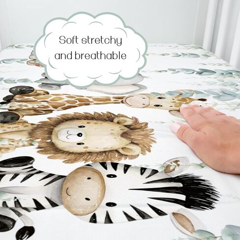 HawSkgFub Safari Jungle African Animals Eucalyptus Leaf Fitted Standard Baby Crib Sheet, Giraffe Lion Tiger Elephant Zebra Toddler Mattress Cover, Soft Stretchy Nursery Bed Sheets Kids Gift 52" x 28" in Saudi Arabia