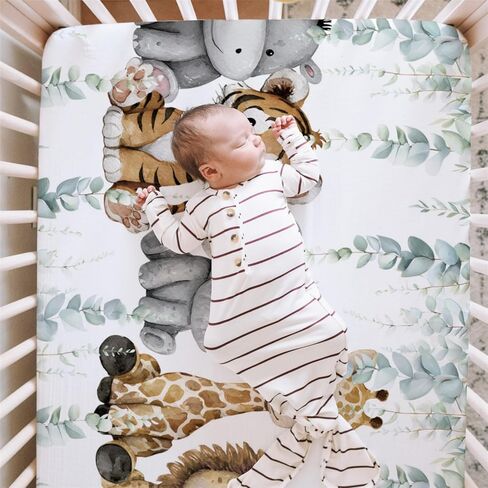 HawSkgFub Safari Jungle African Animals Eucalyptus Leaf Fitted Standard Baby Crib Sheet, Giraffe Lion Tiger Elephant Zebra Toddler Mattress Cover, Soft Stretchy Nursery Bed Sheets Kids Gift 52" x 28" in Saudi Arabia