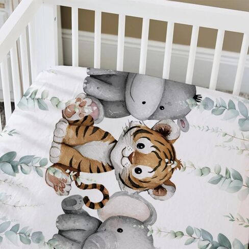 HawSkgFub Safari Jungle African Animals Eucalyptus Leaf Fitted Standard Baby Crib Sheet, Giraffe Lion Tiger Elephant Zebra Toddler Mattress Cover, Soft Stretchy Nursery Bed Sheets Kids Gift 52" x 28" in Saudi Arabia