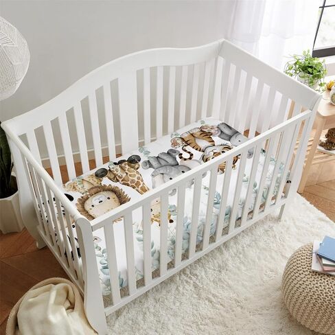 HawSkgFub Safari Jungle African Animals Eucalyptus Leaf Fitted Standard Baby Crib Sheet, Giraffe Lion Tiger Elephant Zebra Toddler Mattress Cover, Soft Stretchy Nursery Bed Sheets Kids Gift 52" x 28" in Saudi Arabia