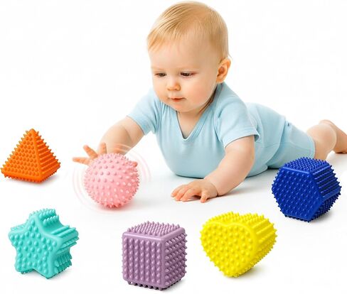 Baby Sensory Balls, Montessori Toys Soft Baby Balls 6 to 12 Months Textured Geometric Shapes for Babies' Sensory Development, Multicolor Bath Gifts Spiky Squeeze Ball for Infant Kids in Kuwait