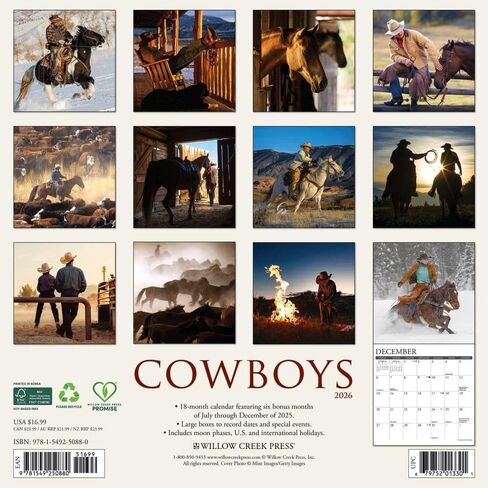 Willow Creek Press، تقويم حائط Cowboys 2026، 12 بوصة × 12 بوصة، تقويم 18 شهرًا مع غلاف مثبت in Kuwait