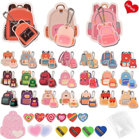 24 Pack Valentines Day Gifts for Kids Classroom,with Greeting Card,Acrylic Keychain,Post-it notes,Eraser,Pencil Sharpener,Packaging bag,Party Favor for School Gift Exchange in Saudi Arabia