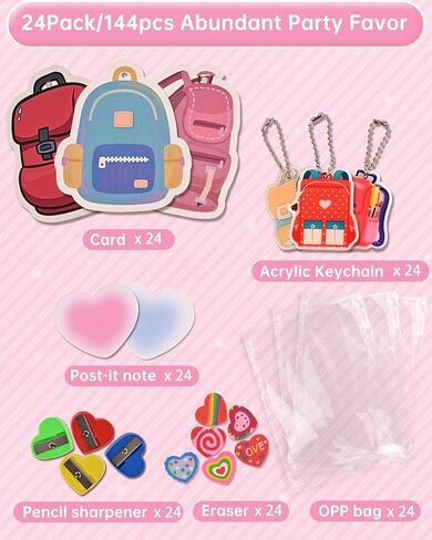 24 Pack Valentines Day Gifts for Kids Classroom,with Greeting Card,Acrylic Keychain,Post-it notes,Eraser,Pencil Sharpener,Packaging bag,Party Favor for School Gift Exchange in Saudi Arabia